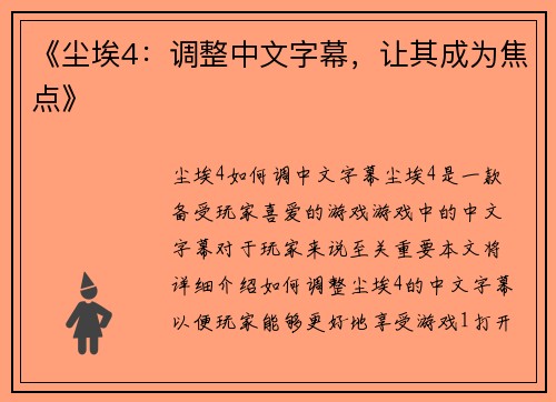 《尘埃4：调整中文字幕，让其成为焦点》